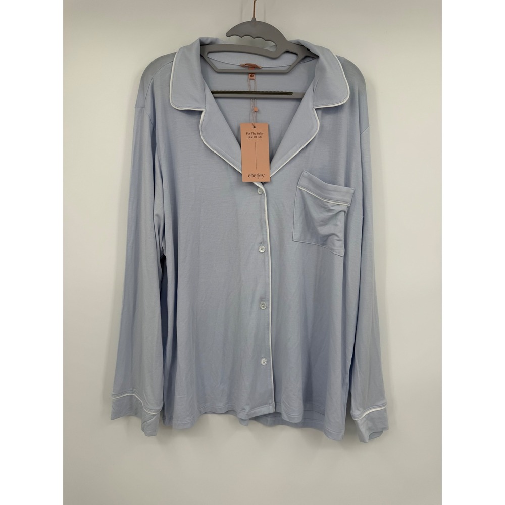 Eberjey Gisele Long Sleeve Pajama Top Light Blue White Piping Modal PJ1018‎ L